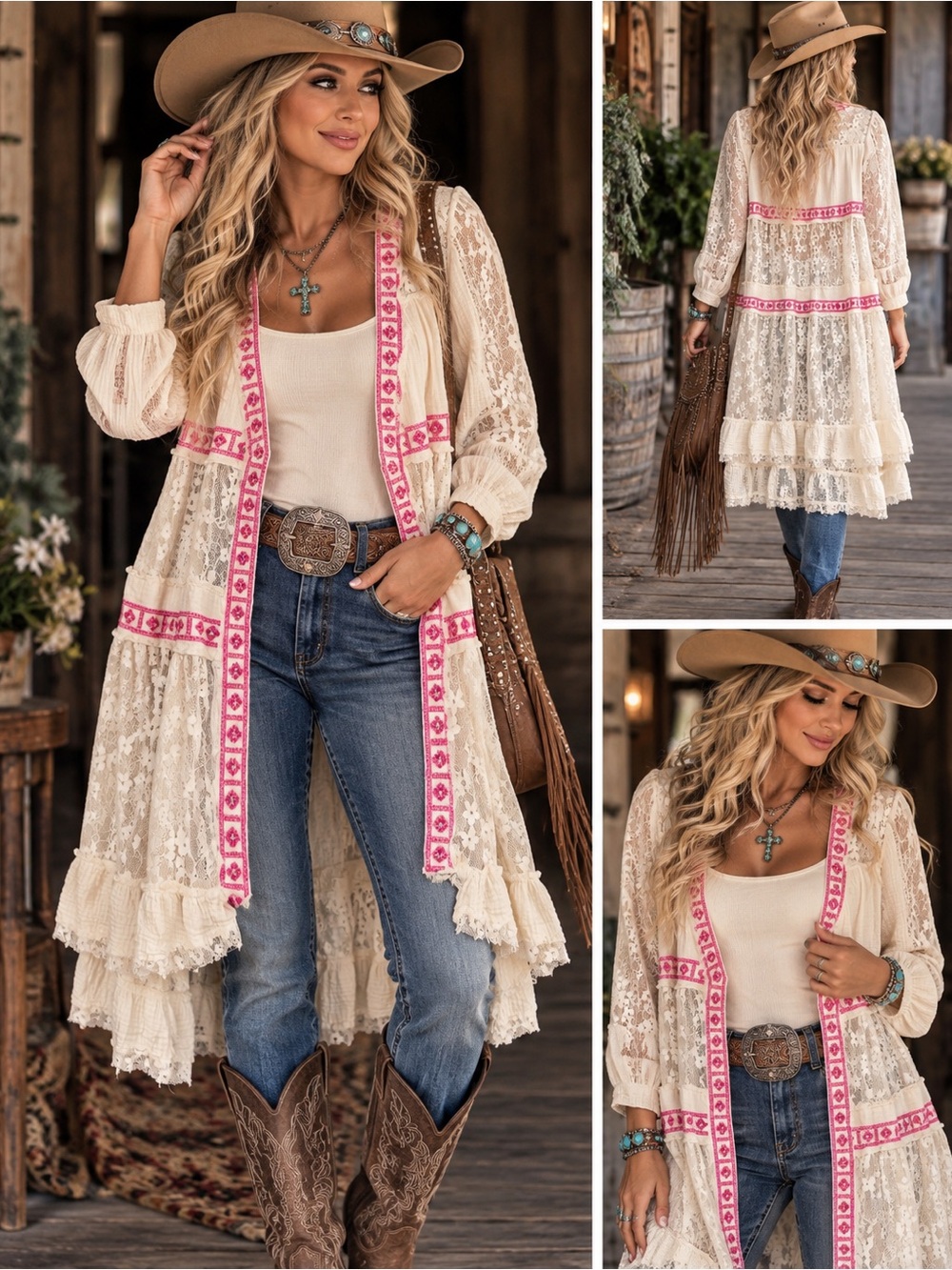 POL NWOT Ivory Lace Pink Embroidered Boho Duster Cardigan Size S